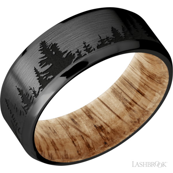 8 mm wide Beveled Zirconium band with a laser carved Trees pattern also featuring a Natural Oak sleeve