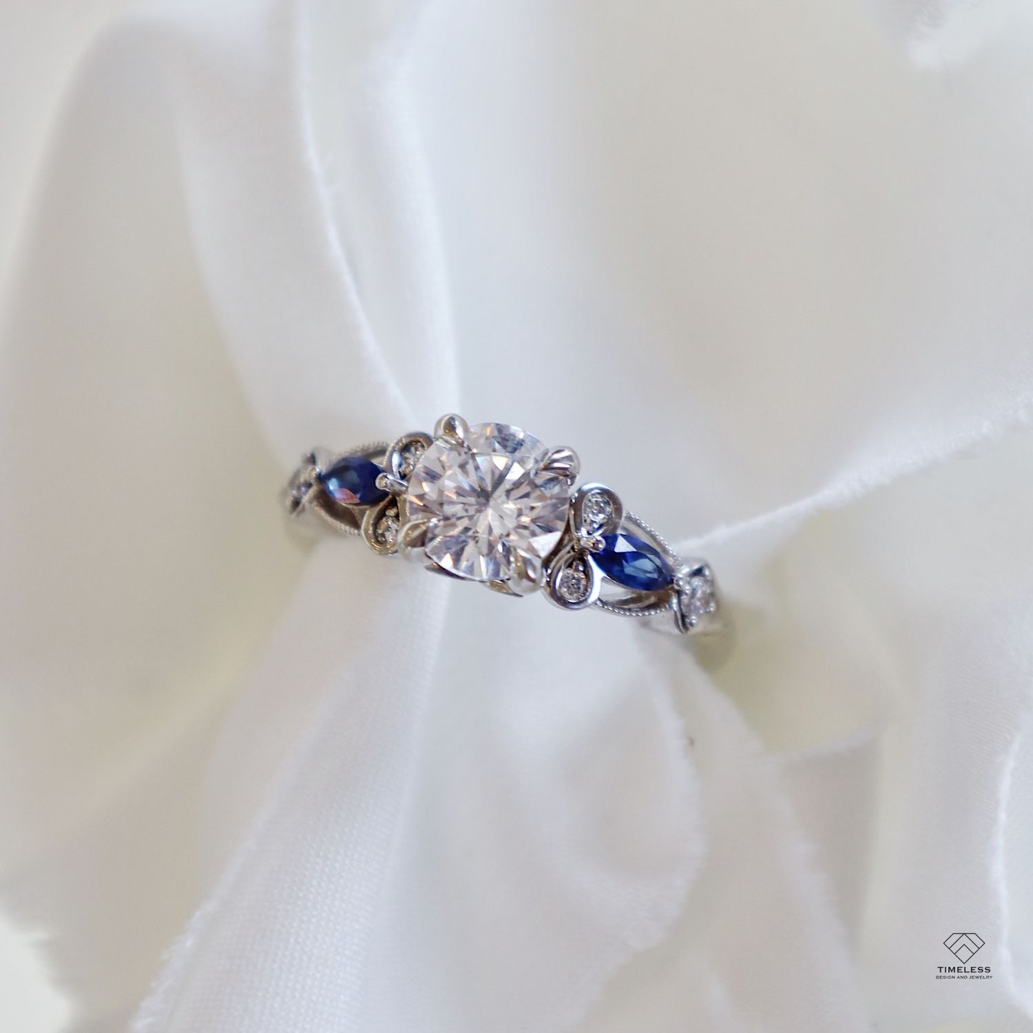 Custom Diamond Engagement Ring with Blue Sapphires in Salt Lake City by Timeless Design and Jewelry